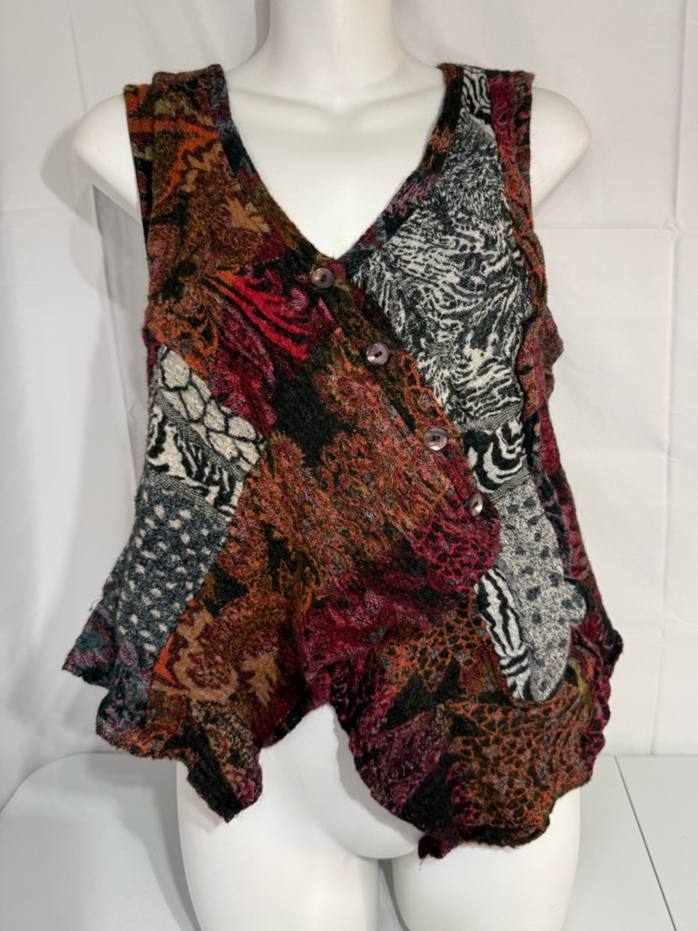 Anu Patchwork Wool Vest Boho Lagenlook Button Front Artsy Medium